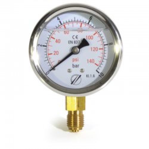 Tank pressure gauge, ½” liquid filled, 0-40 bar, Ø63mm, bottom mount